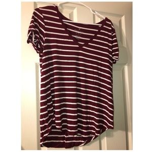 American Eagle short sleeve dark red and white striped shirt